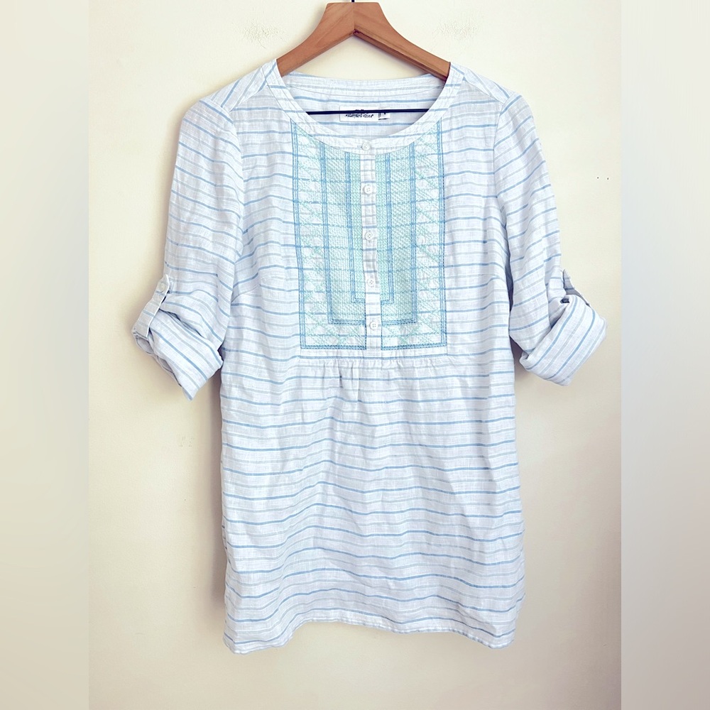 Vineyard vines Linen roll tab sleeve tunic shirt blue stripe print embroidery 6